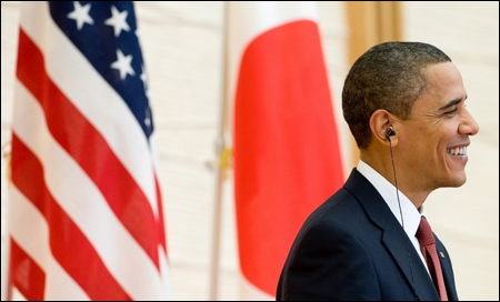 President Obama at a joint press conference held with Prime Minister Hatoyama in Japan. (Photo credit: Saul Loeb-AFP/Getty Images)